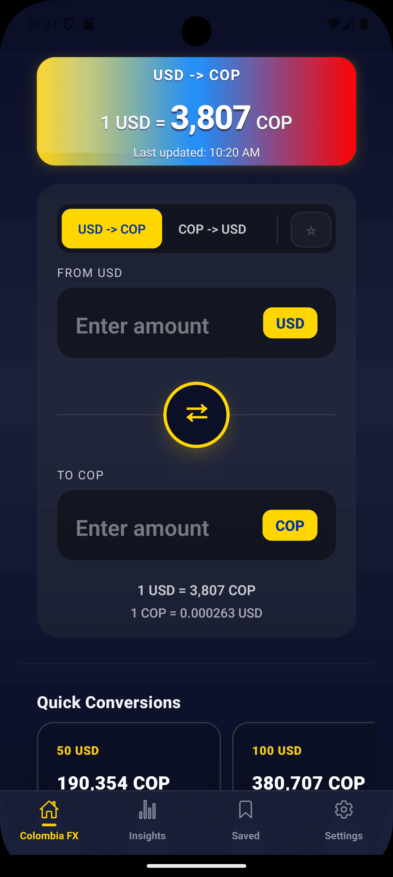 Main converter screen with live rates